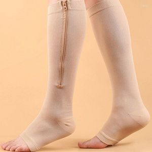 Femmes chaussettes Compression bas sport course pression longue cyclisme fermeture éclair professionnel jambe soutien épais hommes