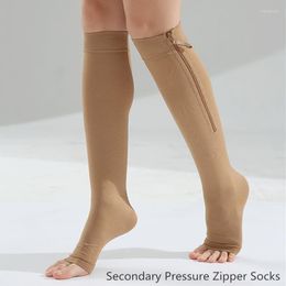 Vrouwen sokken compressie zipper secundaire druk been verlichting pijn anti-varicose ader elastische kousen open teen kachelpipe