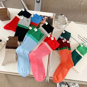 Chaussettes hautes de couleur contrastée pour femmes, Version coréenne, en coton, printemps/été