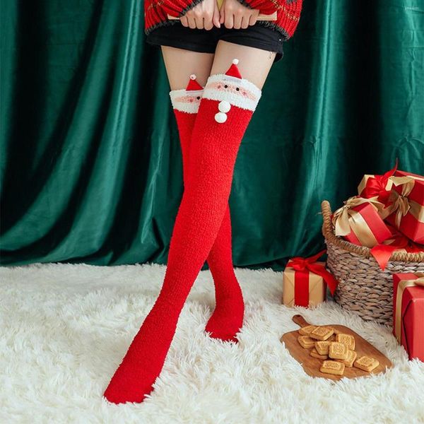 Femmes chaussettes corail polaire noël drôle cadeaux Sexy cuisse haute Nylon longs bas mignon sur le genou pour les filles