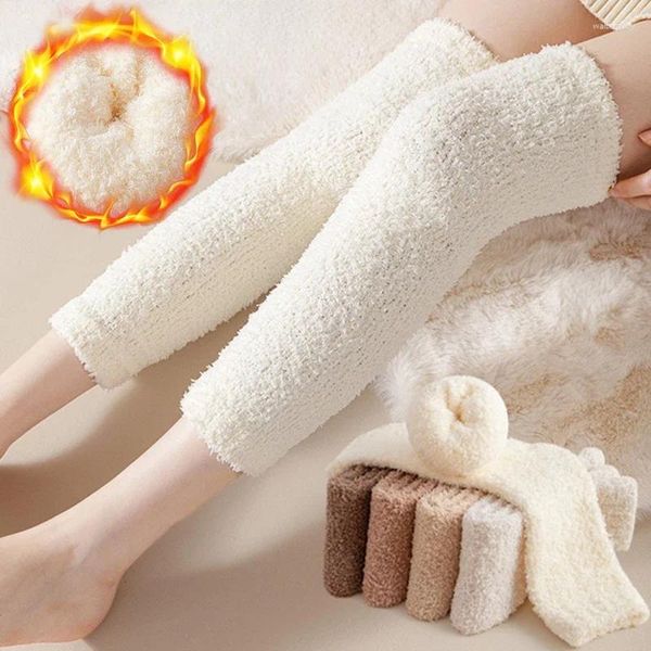 Chaussettes en molleton de corail pour femmes, manches aux genoux, coussinets thermiques épais, en velours, résistant au froid, pour l'arthrite, automne et hiver