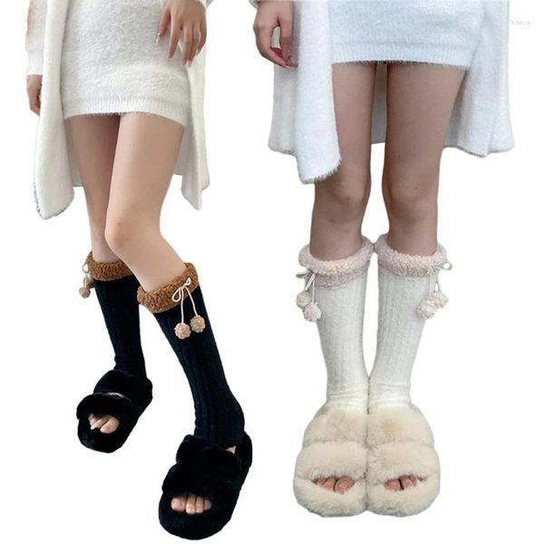 Chaussettes en molleton de corail pour femmes, couvre-jambes tricoté, garniture en fourrure Vintage, chauffe-arc long