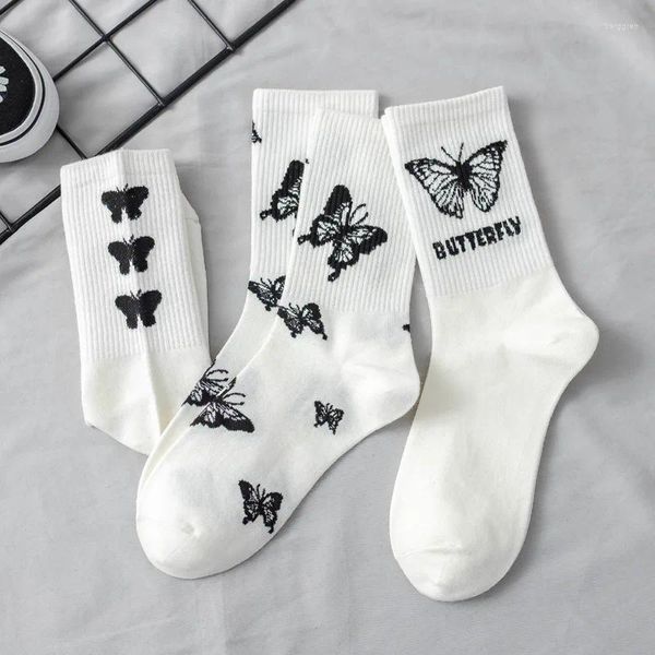 Mujeres calcetines moda algodón harajuku blanca mariposa blanca europea encantadora skate street chicas felices meias meias primavera otoño