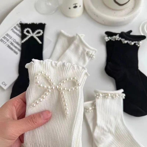 Chaussettes en coton pour femmes, fines, mignonnes, douces, Kawaii, Lolita, Harajuku, bas d'été en perles, en dentelle, blanches, noires, à volants, pour filles