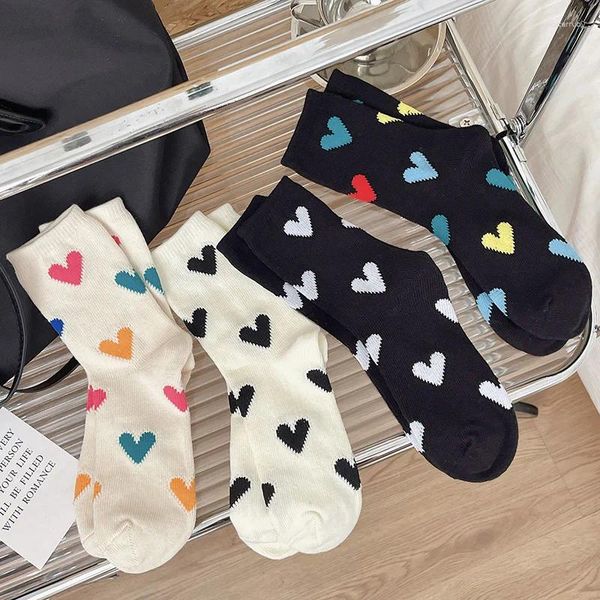 Calcetines de algodón con estampado romántico Harajuku para Mujer, ropa de calle Kawaii, calcetín corto de tubo medio blanco y negro, regalo para chica