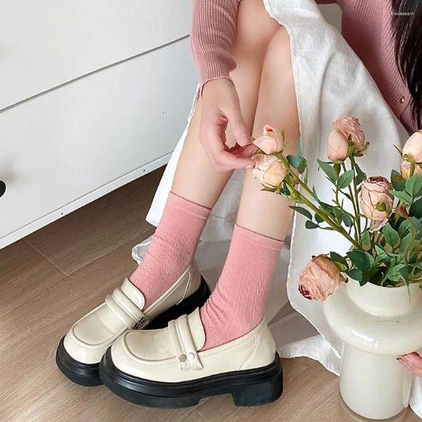 Femmes chaussettes coton printemps mignon doux mince mi-tube japonais couleur unie décontracté étudiant