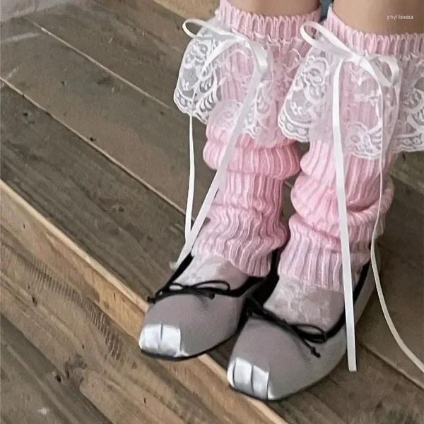 Chaussettes en Crochet pour femmes, couverture Harajuku, botte chaude d'hiver tricotée en dentelle, nœud papillon Lolita, jolis pieds, manchettes japonaises d'automne