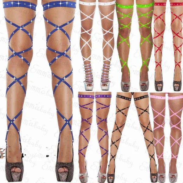 Chaussettes Sexy en résille à strass pour femmes, collants à bandes en cristal, cuissardes hautes au-dessus du genou, Lingerie de Club d'été