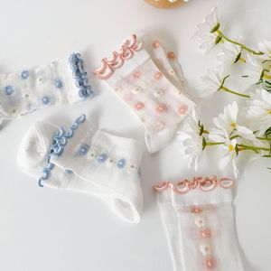 Chaussettes en cristal pour femmes, longue marée d'été, Section fine, soie de verre transparente, Tube en dentelle mignon japonais, broderie de fleurs