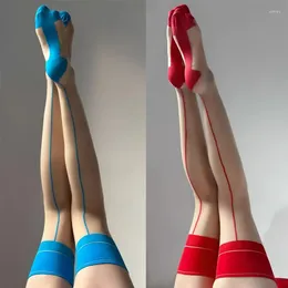 Chaussettes à talon cubain pour femmes, couture arrière, rétro, cuisses, couleur contrastée, bord coupé, bas fins, Sexy, sous-vêtements transparents, bonneterie