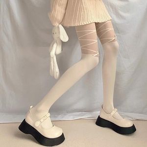 Femmes chaussettes mignon bandage arcs cuisse haute bas collants styles japonais kawaii ultra-mince nylon sexy collants filles douces JK Lolita blanc
