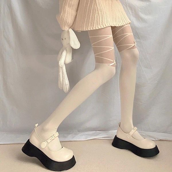 Calcetines de mujer Lindo Vendaje Arcos Medias altas hasta el muslo Medias Estilos japoneses Kawaii Ultrafino Nylon Pantimedias sexy Sweet Girls JK Lolita Blanco