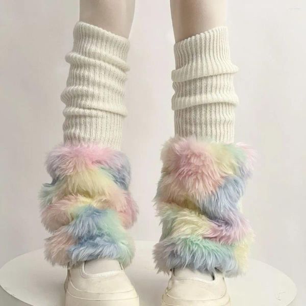 Chaussettes colorées arc-en-ciel pour femmes, chauffe-jambes en peluche, Imitation fourrure, tricotées japonaises sur le Tube du genou, couverture longue et chaude pour l'hiver