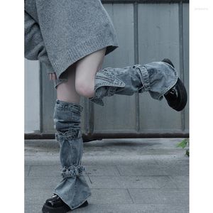 Calcetines de mujer Cute Denim Leggings acampanados E-Girls Harajuku Punk Hasta la rodilla Hebilla Cargo Boot Cover Jeans Medias