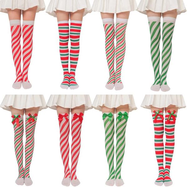 Calcetines de mujer bonitos japoneses blancos rojos verdes a rayas por encima de la rodilla Cosplay Anime medias altas hasta el muslo de tubo largo para mujer Navidad