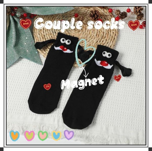 Chaussettes à aimant mignon pour Couple, 2 paires créatives, motif de noël, chaussettes en pur coton, dessin animé amusant, yeux, main dans le milieu du Tube