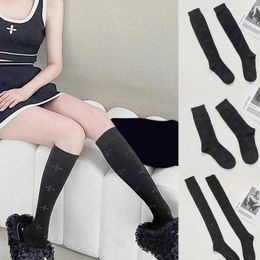 Chaussettes gothiques noires pour femmes, bas au-dessus du genou, Harajuku Punk ajouré pour motif Jacquard croisé, étudiant Cosplay mollet haut