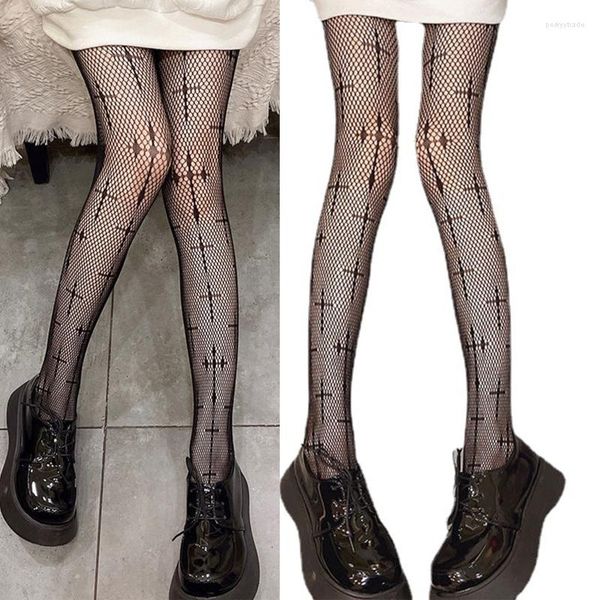 Femmes chaussettes gothique foncé résille collants Harajuku Lolita Anime croix Jacquard à motifs transparent tatouage collants fond maille F3MD