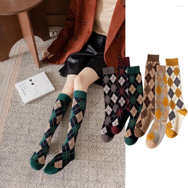 Calcetines de mujer Diamante Mujer Media muslo Pantorrilla Hasta la rodilla Japón y Corea Escocés Plaid Otoño Invierno Algodón