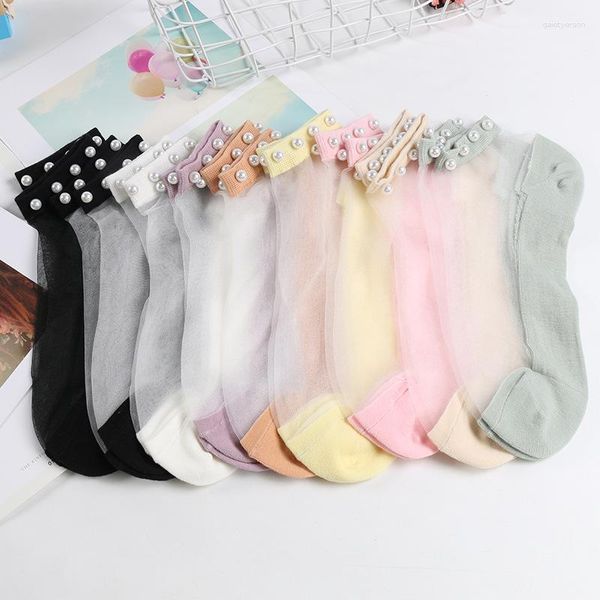 Chaussettes de femmes dong ai 1 paires Perle Crystal Glass Soft Boat Sock élasticité d'été transparente mince cheville