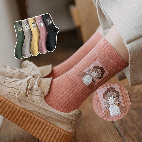 Chaussettes Femme Drawn Femme Piledui Japonais Harajuku Mori Mode Impression Filles Tube Moyen