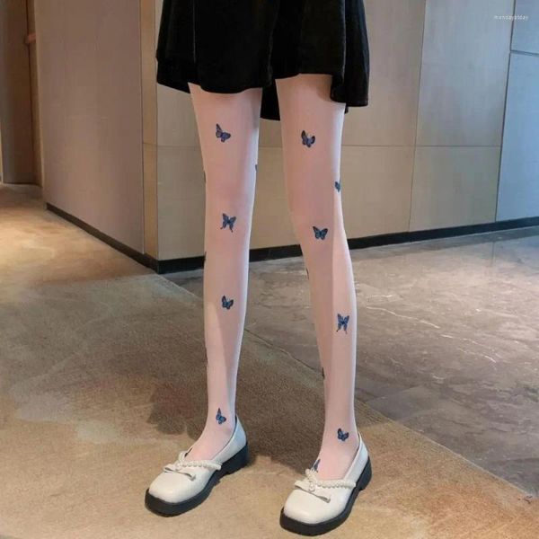 Mujeres calcetines elásticos tierras de impresión de moda delgada del pie completo placas lolita leggings seda negra sexy pantyhose niña