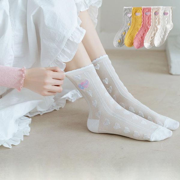 Calcetines de mujer bordados amor estrella tubo mujer encaje Color caramelo estudiante marea japonés salvaje Jk Lolita medias lindo algodón mujer