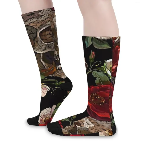 Chaussettes brodées de crâne pour femmes, bas de Roses rouges d'automne, tendance pour hommes, respirants, graphiques d'extérieur antidérapants