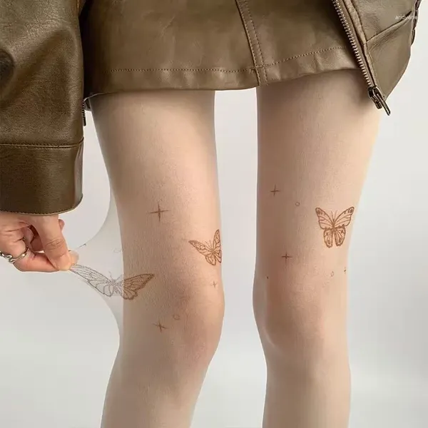 Femmes chaussettes de mode papillon imprimement lolita saut-cantyhose d'été mince pure tatouage de style simple