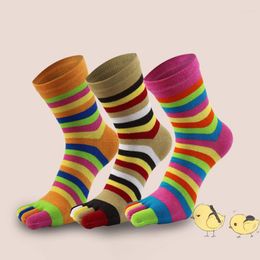 Chaussettes colorées à cinq doigts pour femmes, mode automne hiver, rayées, imprimées, orteils séparés, Tube moyen en coton