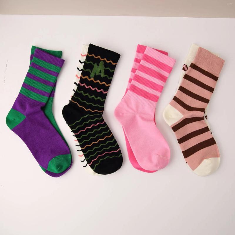 Women Socks Fashion Cotton Asymmetric Long Female Striped AB Funny Streetwear Calcetines Mujer Medias