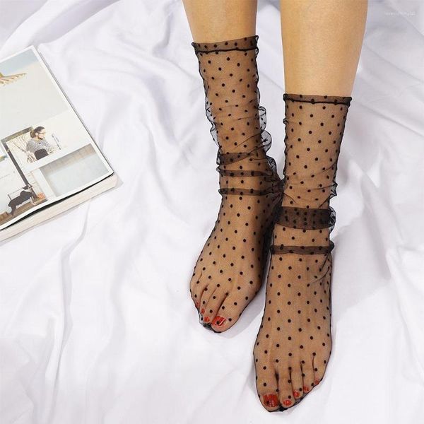 Femmes Chaussettes Mode Dot Dentelle Transparent Mesh Cheville Dames Ultra-Mince Princesse Tulle Femme Meias