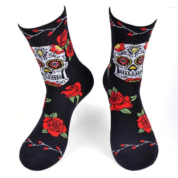 Chaussettes unisexes en coton noir pour femmes et hommes, mode Harajuku, crâne Rose, équipage, Couple, rétro, Boho, hanche, cadeau de rue, vente en gros