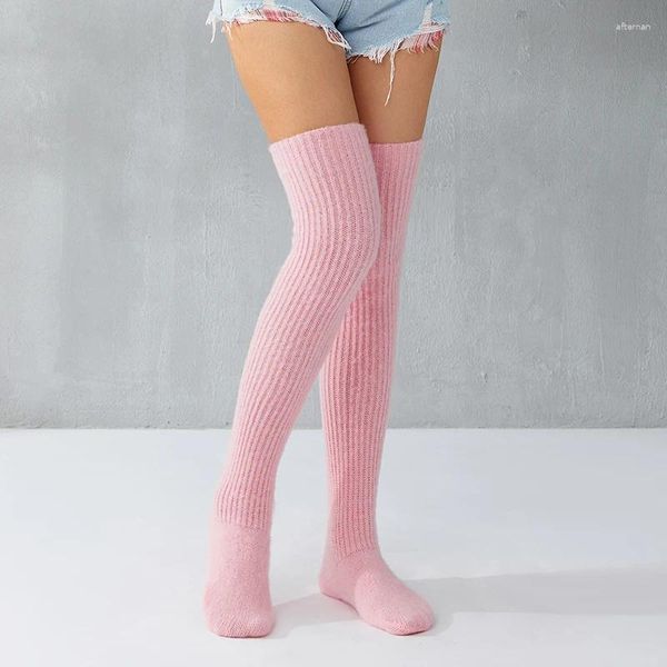 Chaussettes longues au dessus du genou pour femmes, couleur unie, cuisses hautes, respectueuses de la peau, automne hiver