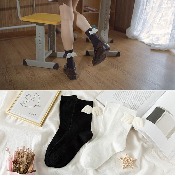 Femmes chaussettes mode dame Lolita ange aile milieu Tube mignon japonais JK coton noir et blanc uniforme collège Kawaii
