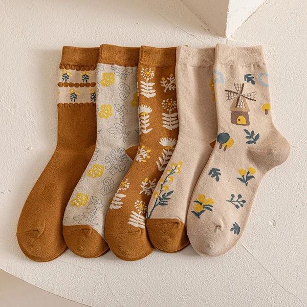 Chaussettes en coton pour femmes, impression de mode, dessin animé mignon fleur, Harajuku, Streetwear, Style collège, filles, équipage Kawaii