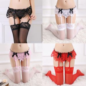 Femmes chaussettes mode Sexy dentelle arc haut souple cuisse-hauts bas jarretelle porte-jarretelles été dame couleur unie bas ensemble