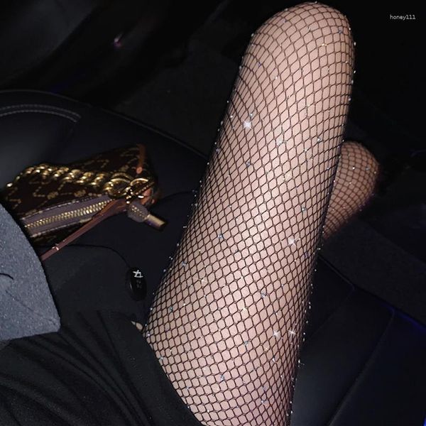 Femmes chaussettes mode brillant Net collants été résille diamant collants pour Sexy mince strass creux maille Nylon bas