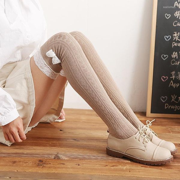 Calcetines de mujer, medias de moda, lazo de encaje blanco Sexy, botas por encima de la rodilla de Lolita para niñas, piernas cálidas, accesorios de algodón para Otoño e Invierno