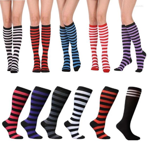 Chaussettes rayées pour femmes, bas Sexy en Nylon, hauteur des genoux, respirant, en coton tricoté, chauffe-chaussettes, cadeaux, vente en gros