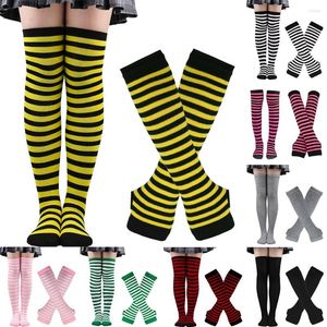 Chaussettes longues rayées pour femmes, bas et gants hauts de cuisse, Sexy, ensemble à rayures pour Festival d'halloween Cosplay