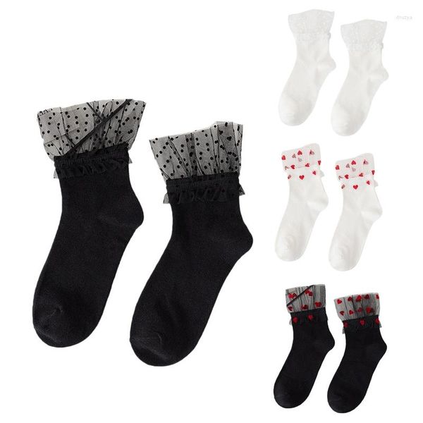 Chaussettes en coton pour femmes, mode été automne, personnalité créative, doux, volants, garniture en maille, noir, blanc, bonneterie respirante