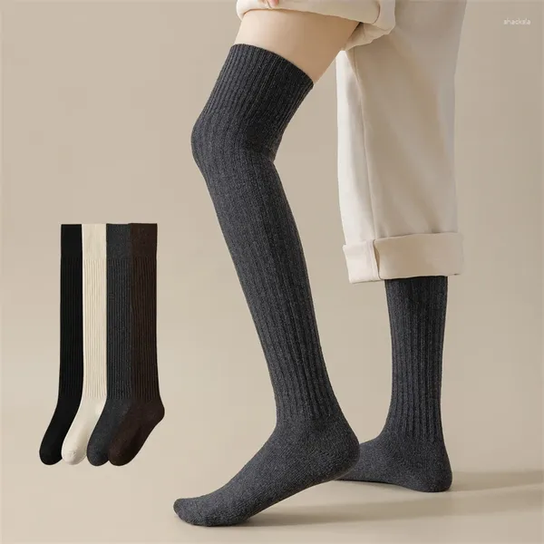 Femmes chaussettes mode femmes bas haute qualité genou pour chaud couleur unie longue laine serré dame Simple japonais