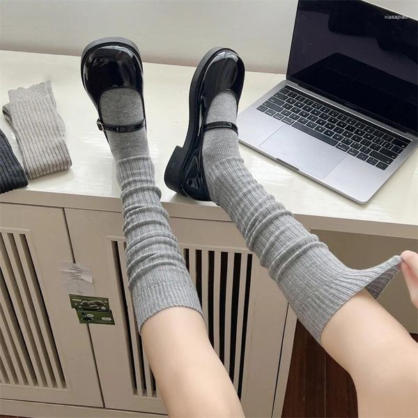 Calcetines de mujer, medias de moda para mujer, estilo japonés, invierno, Color sólido, a rayas por encima de la rodilla, lana larga y cálida para mujer