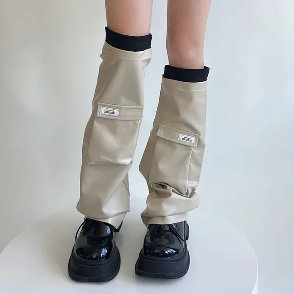 Chaussettes en cuir pour femmes, Style Punk, poche à rabat imprimée, poignets de bottes hautes, japonais amples