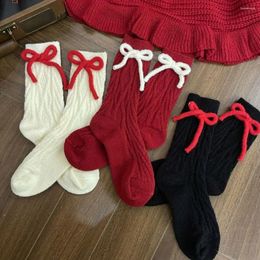 Chaussettes pour femmes, bonneterie, année, nœud rouge, JK, hiver, mollet, Tube central, couleur unie