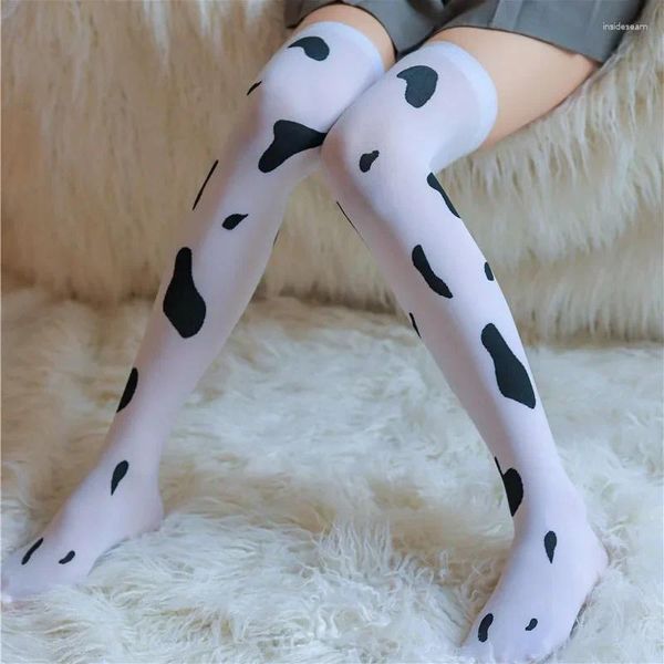 Mujeres calcetines femenino lencería sexy manchas de vaca estampando estampillas exóticas anime cosplay disfraces kawaii sobre rodilla