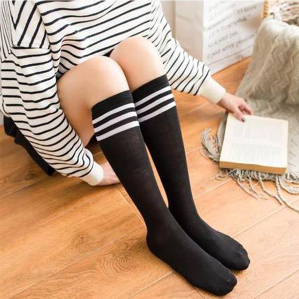 FINETOO – chaussettes de sport en coton pour femmes, Sexy, Tube Long au genou, Harajuku, mignon, demi-jambe, mollet, bas rayés noirs, Slim