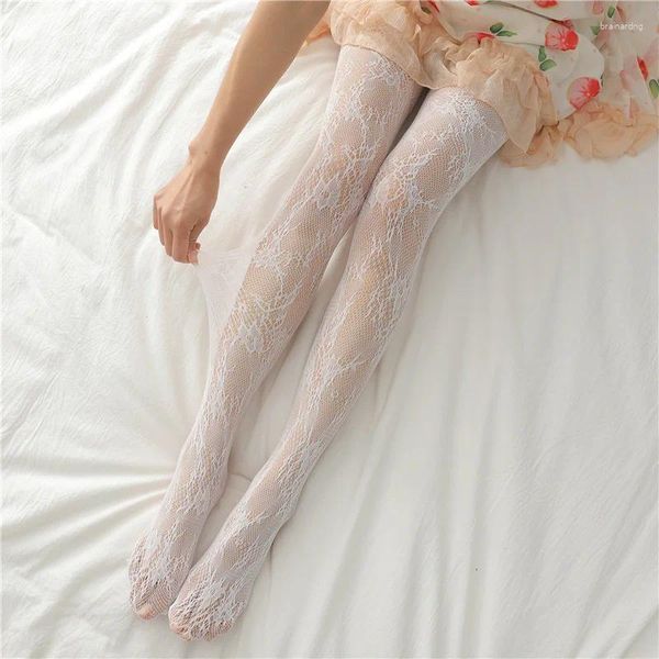 Chaussettes femme bas résille HANAFUJI (fin) dentelle blanche fleur nœud papillon lune Sexy collants en soie noire