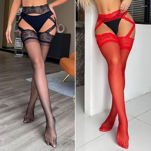 Femmes chaussettes résille bas Sexy collants cuisse-haut évider maille bonneterie nu jarretelle longue